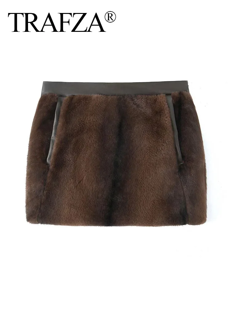 TRAFZA Women's Winter Fashion Vintage Warm Faux Fur Effect Skirt Female Commuting Versatile High Waist Pocket Zipper Short Skirt