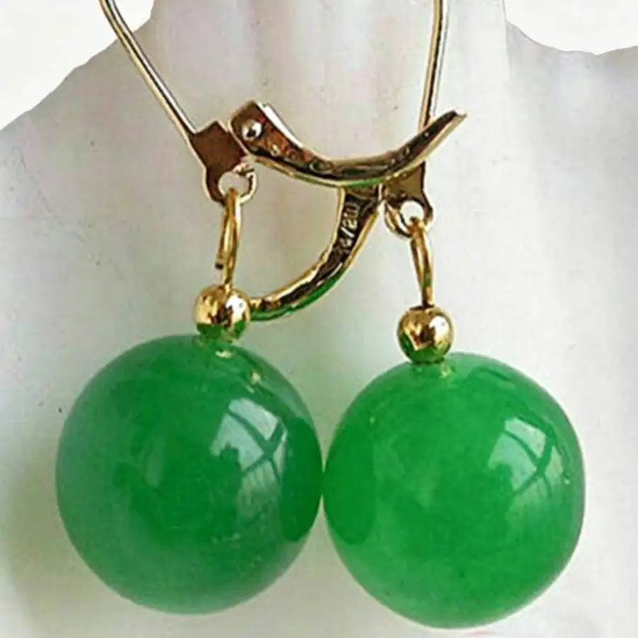 14K Gold Leverback Drop Earrings Natural Round Green Jade Bead Dangle Earrings Elegant Oriental Gemstone Jewelry For Women