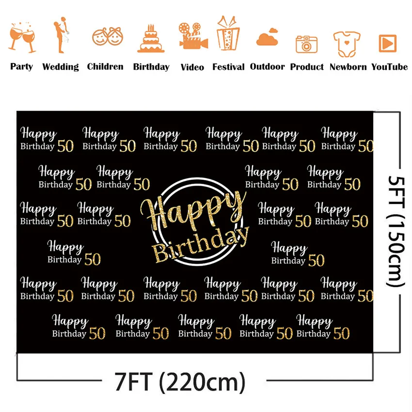 Happy 50 Birthday Backdrop Black adult theme party decoration step and repeat customize background for photo studio photocall