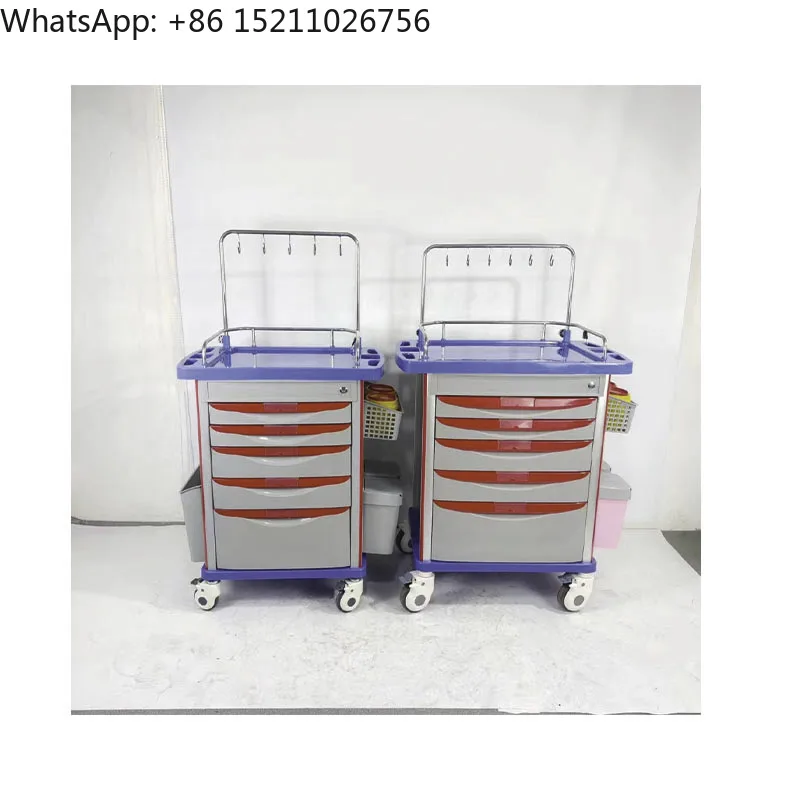 ABS Mobile Medical Crash Cart with Central Lock and 5 Drawers Emergency Trolley for ICU ER Hospital Clinic