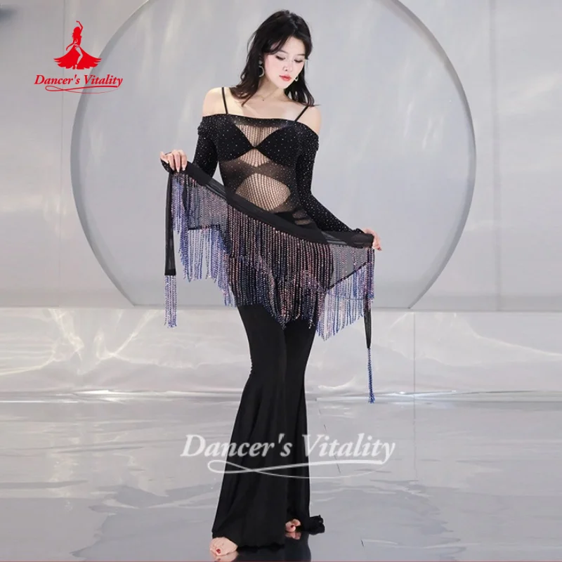 

BellyDance Practice Clothes Mesh Long Sleeved Top+Pants+Tassel Hip Scarf 3pcs Adult Dancer Oriental Dance Suit Dancer's Vitality