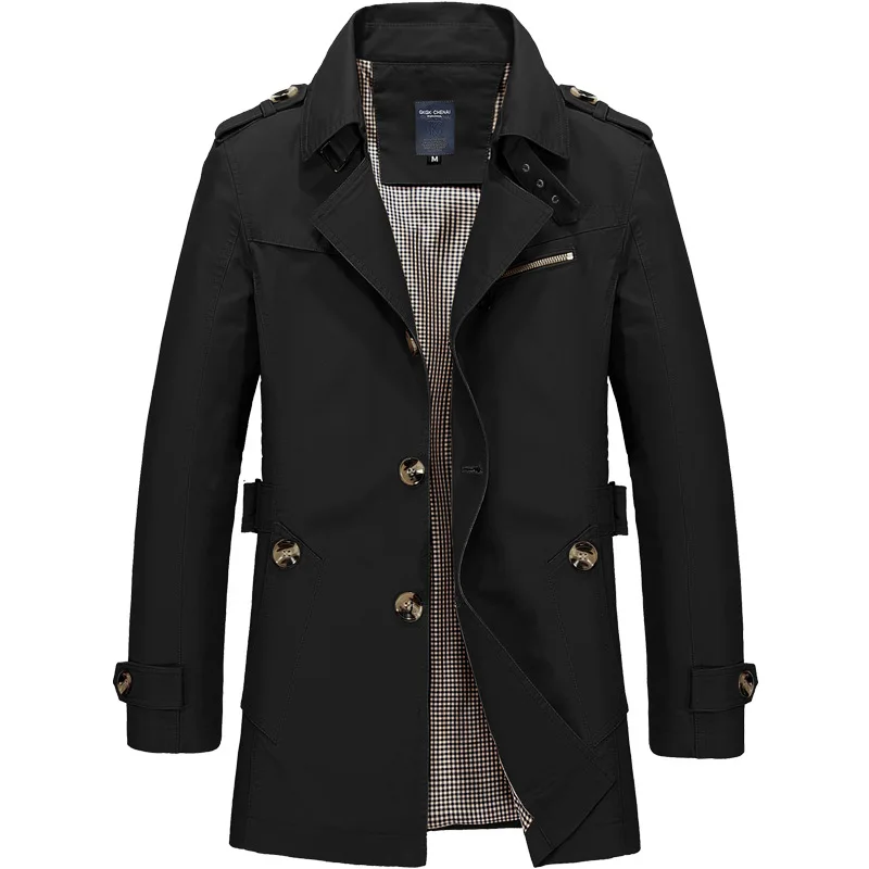 Man Windbreaker Spring Mid-length Turn Down Collar Male Outerwear Simple Single-breasted Long Sleeve Pocket Casual Men Jacket