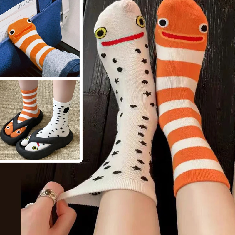 Funny Eel Clownfish Seamless Thermal Socks Winter Animal Stripe Cotton Thick Sleeping Toe-separating Stockings Christmas Gifts
