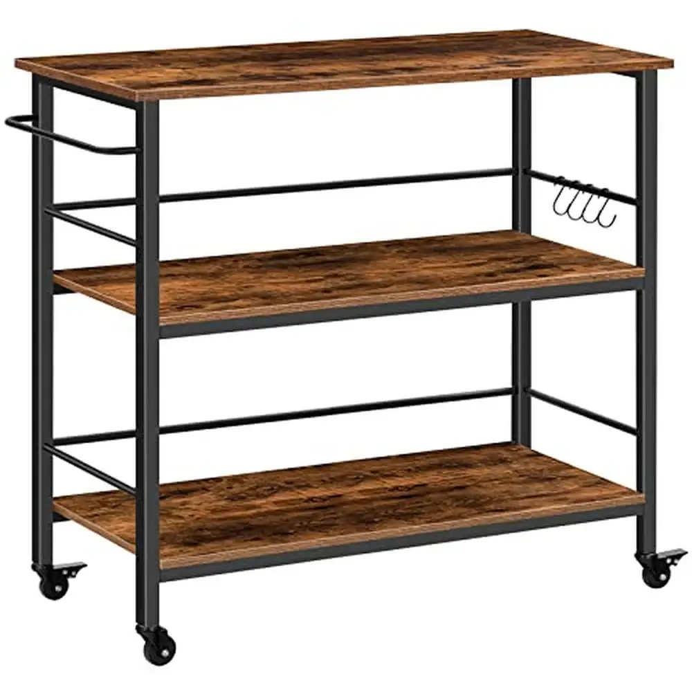 

3 Tier Industrial Kitchen Island Cart with Hooks Side Enclosures & Large Workstation Rustic Brown Wood/Metal Frame Stable &