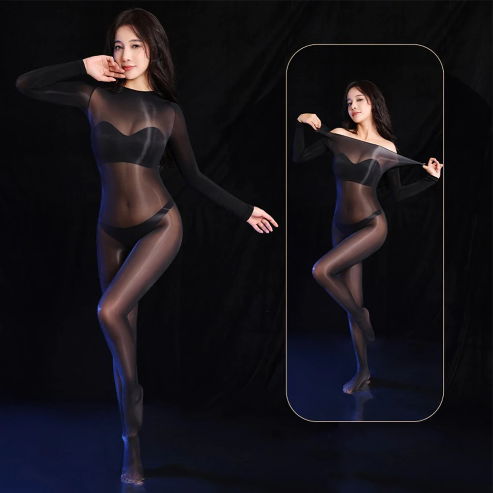 Men's Oil Shiny Sheer Perspective Tight Pants Super Elastic Jumpsuit Long Sleeved Full Length Socks Open Sheath Temptation Jumps