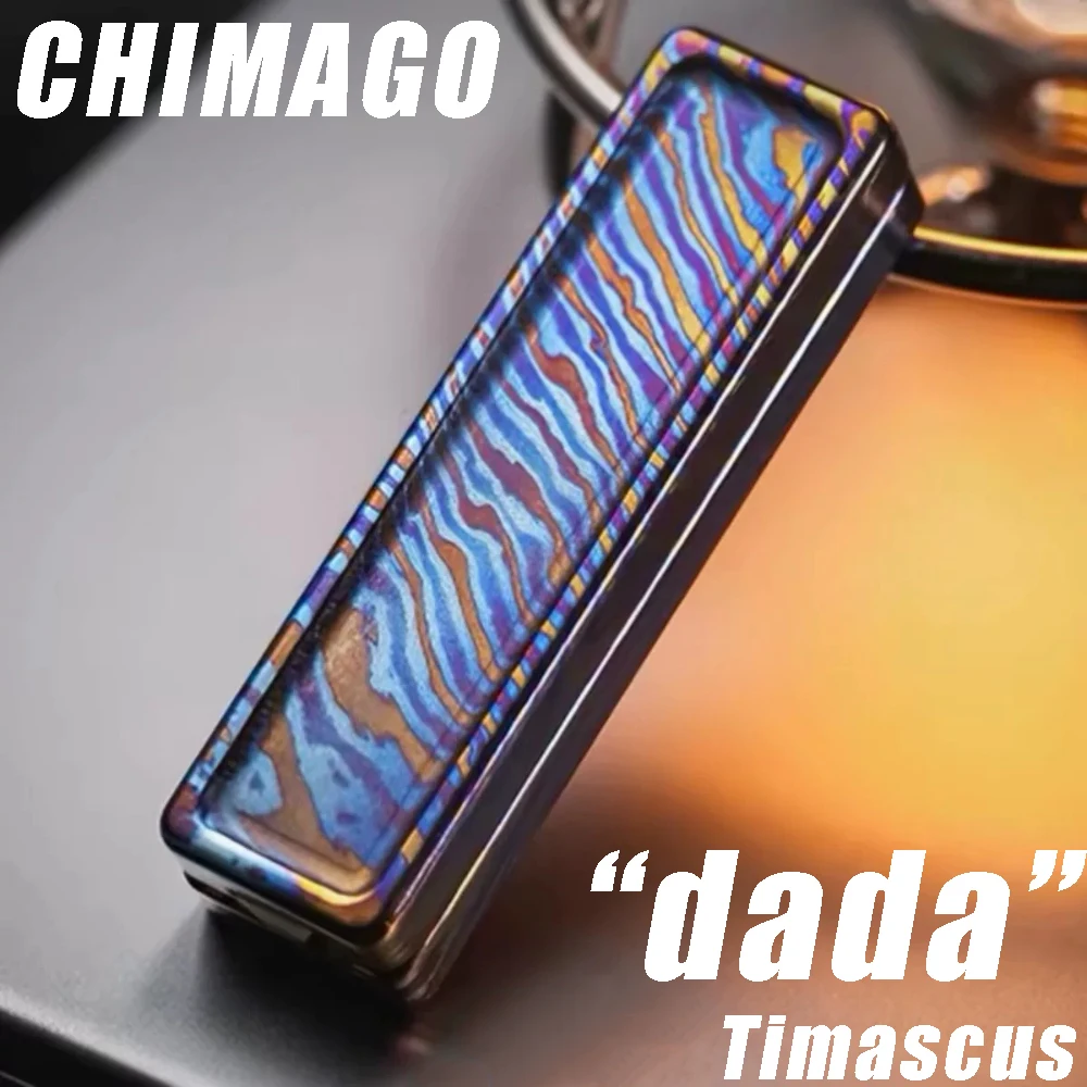 CHIMAGO Titanium Damascus New Dada Demon Subduer Titanium Heat Anodized Magnetic Straight Push Fidget Slider ADHD-friendly