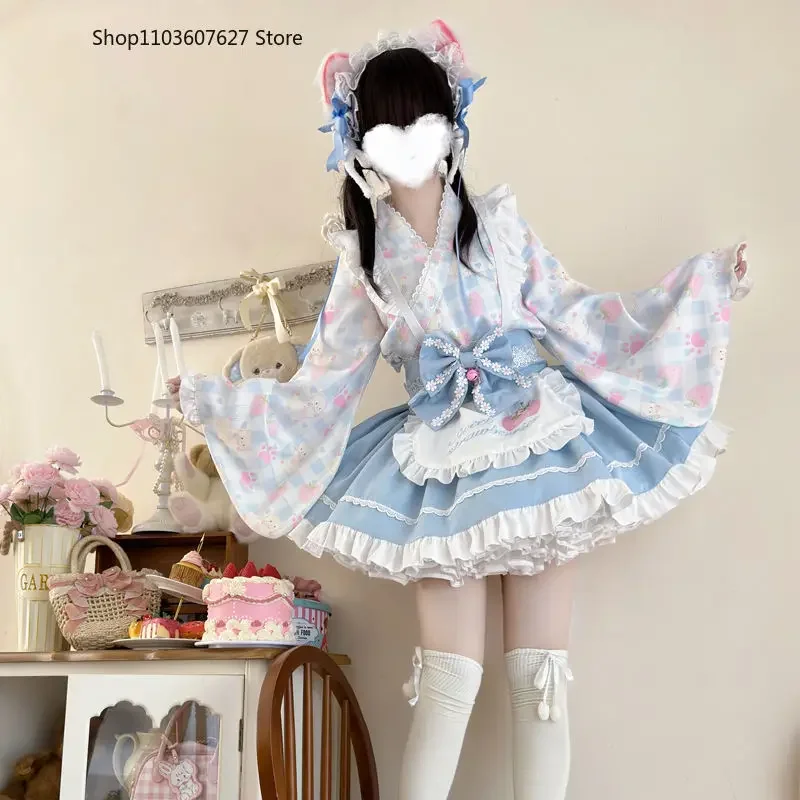 Japanische süße Lolita Kimono Kleid Frauen Kawaii Erdbeer Katze drucken Bogen Schürze Dienst mädchen Cosplay Kostüme Mädchen Animation Show Kleid