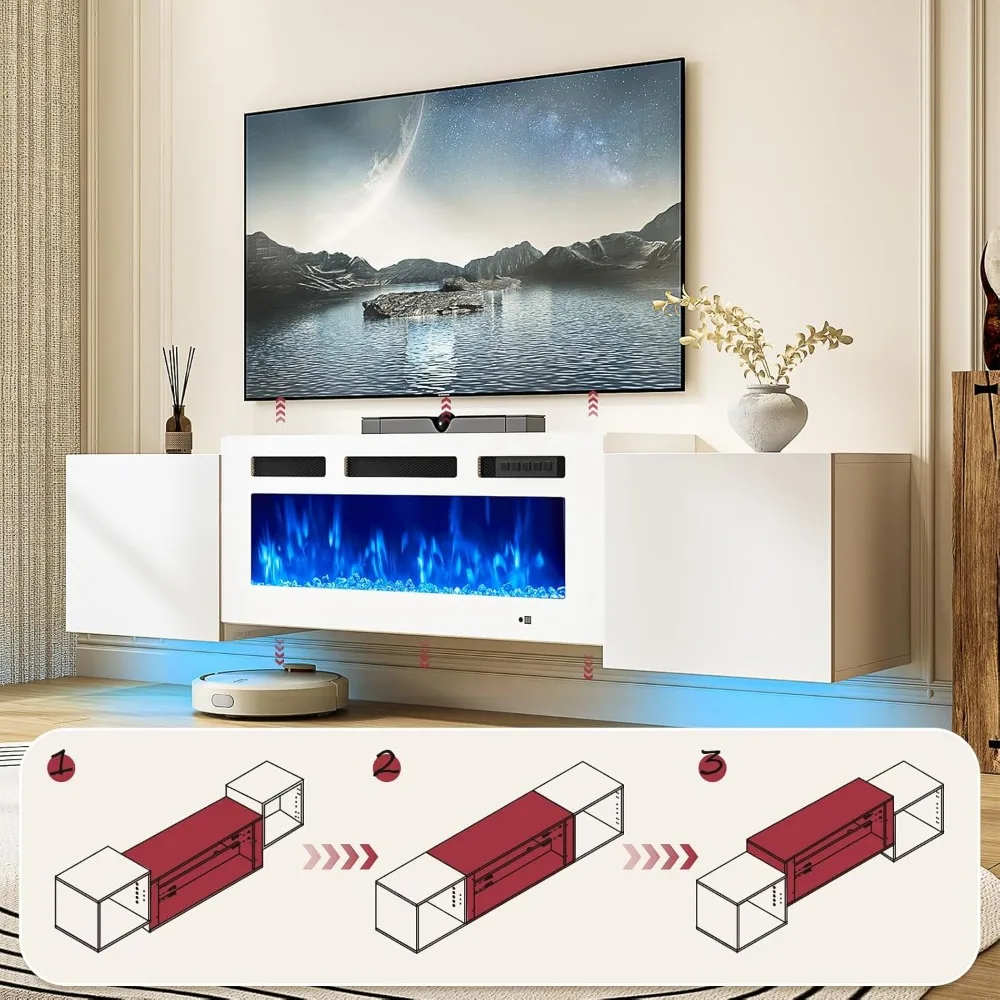 Schwebender TV-Ständer mit 36 elektrischem Kamin, wandmontierter Kamin, Entertainment-Center mit Stauraum, 70 TV-Konsole mit Kamin