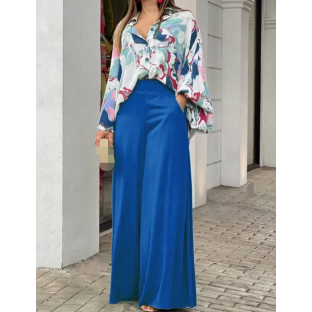 Spring Autumn New Women\'s Fashion Printed Single Breasted Shirt Solid Color Pants Casual Comfort Two Piece Set