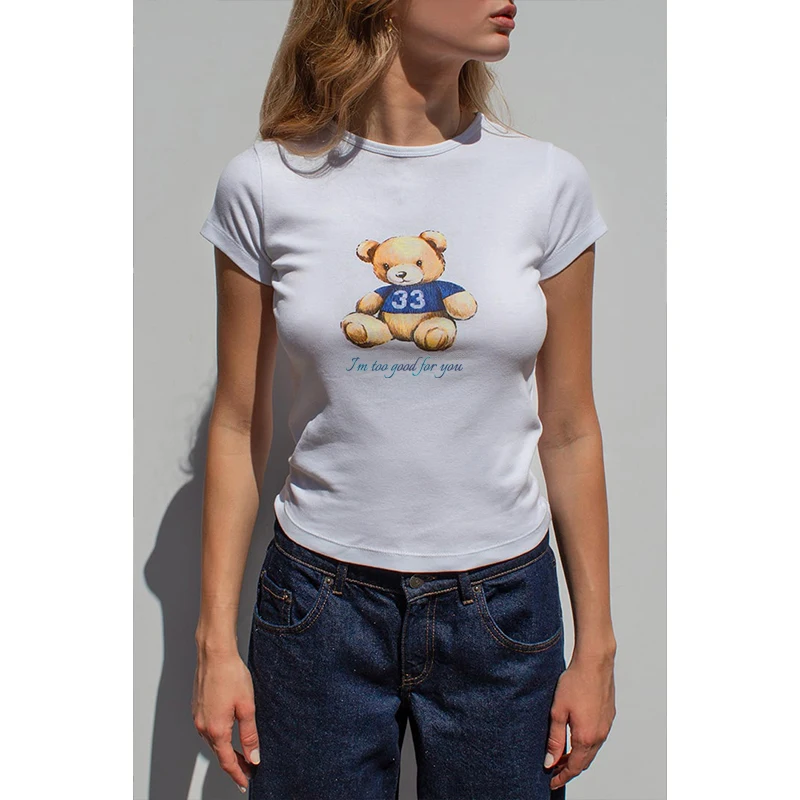 Y2k Multi-stil Nette Bär Grafik Druck Kurzarm T-shirt O Neck Casual Crop Top Sommer Frauen Kawaii Harajuku abgeschnitten Sling