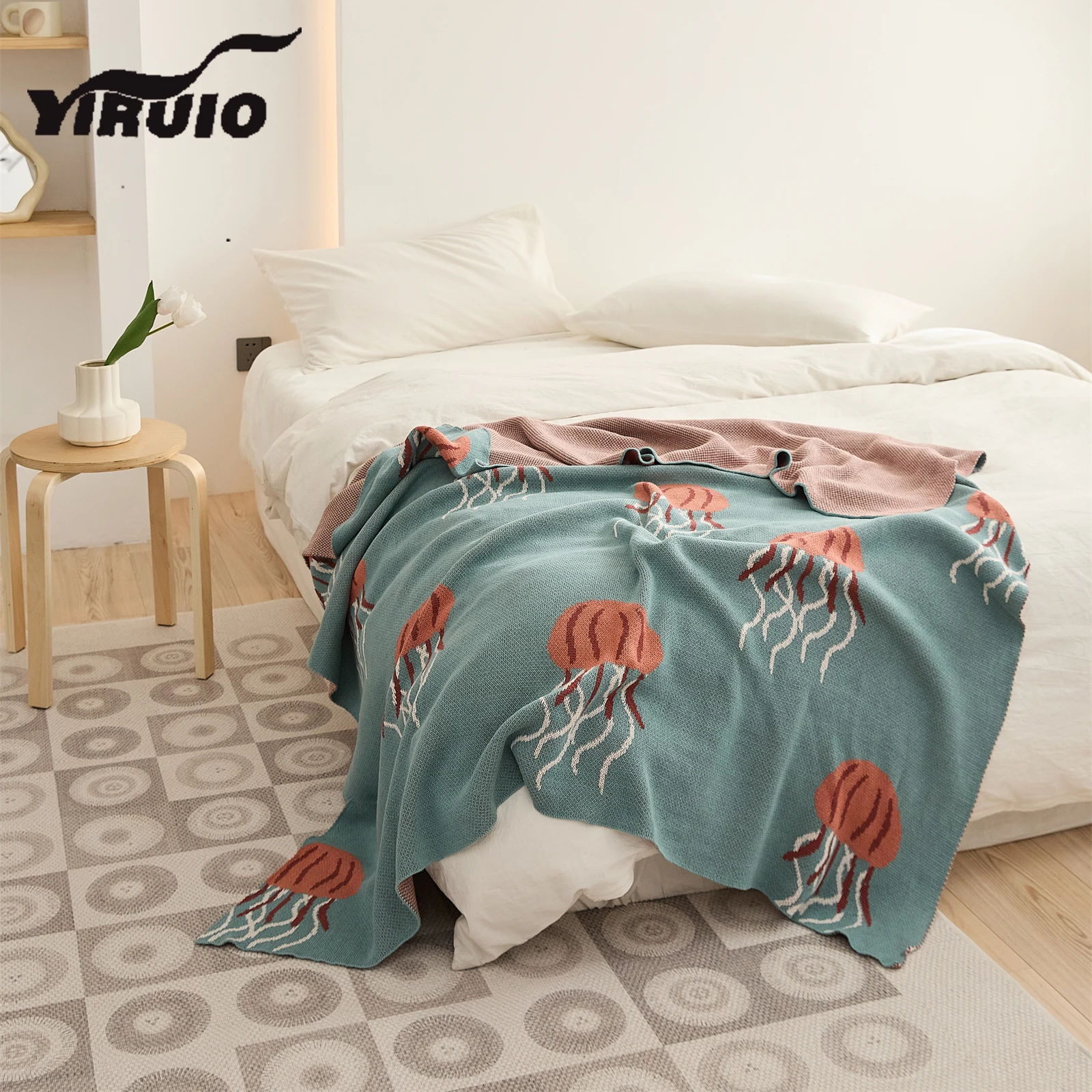 

YIRUIO Cute Jellyfish Pattern Throw Blanket Medusa Design Leisure TV Nap Sofa Blankets Soft Warm Cozy Cotton Knitted Bed Blanket