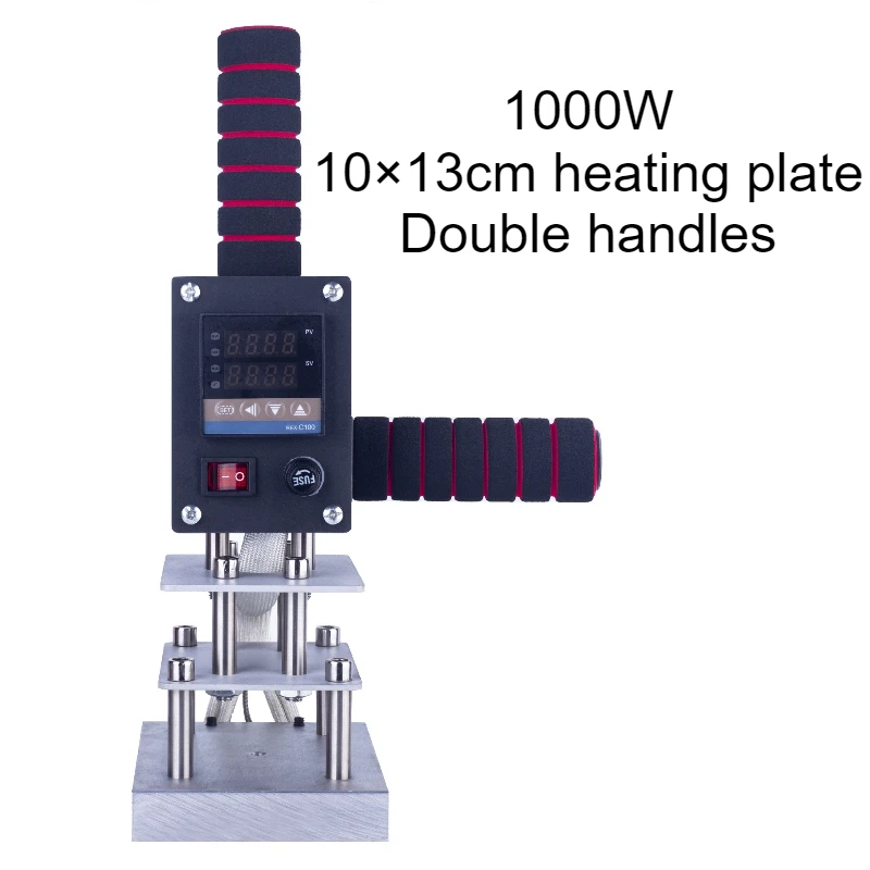 Singolo Doppia Maniglia 1000W Piccola Laminatrice Palmare 10×13cm Piastra di Riscaldamento In Pelle Scatola di Legno Noce di Cocco Pressa a Caldo Inchiostratrice