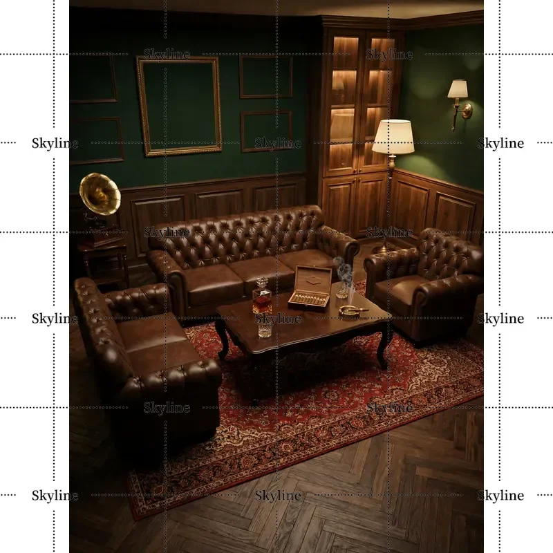 American Retro Cigar Bar Sofa Whiskey Table and Chairs Set for Cafe Lounge Old Money Style Seating Combination