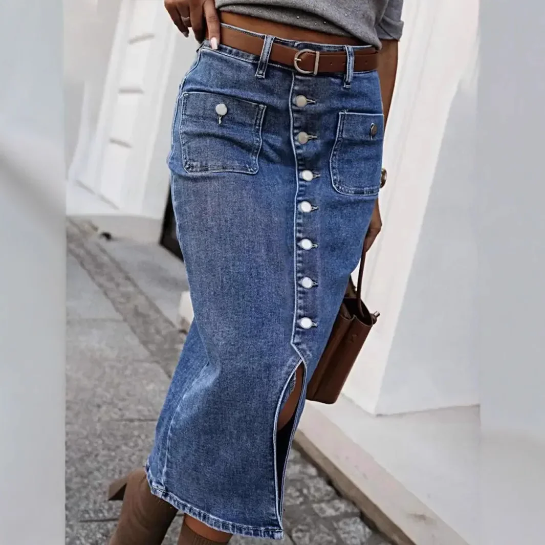 Denim Skirts Women Mid Length Skirt A Line Slim Fit Hip Wrap Single Breasted Slit Elegant Splice Y2k Streetwear Work 2026 Spring