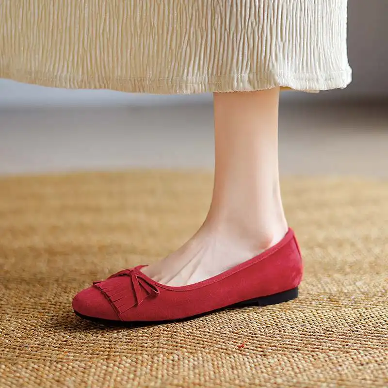 Krazing Pot Sheep Suede Round Toe Women Summer Modern Street Wear Ballet Dancer Shallow Butterfly-knot Tassel Fringe Ins Flats
