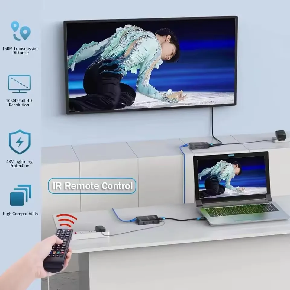 موسع HDMI 150 متر عبر IP Ethernet Cat5e/6 كابل 1080P @ 60 هرتز HDMI Rj45 موسع فيديو 490 قدم يدعم 1 للعديد عبر مفتاح جيجابت