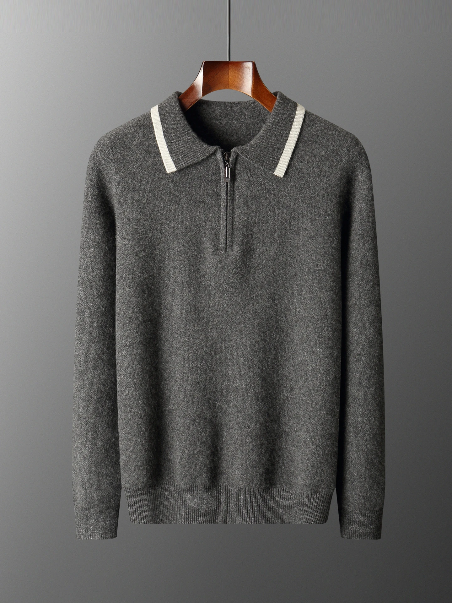 Men's Autumn Winter 100% Wool Polo Collar Cashmere Sweater Thick Knitted Pullover Smart Casual Pure Wool Base Layer Top