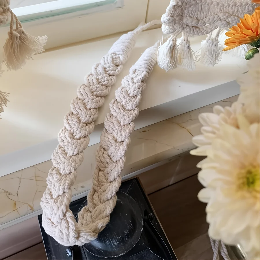 Boho Hand Braided Curtain Tiebacks 1 Pair, Imitation Linen Rope Drapery Holders, Wabi-Sabi Rustic Curtain Ties for Living Room B