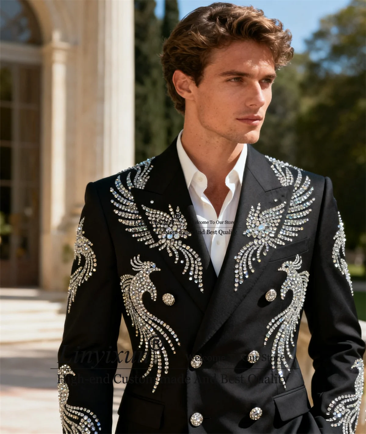 

Блестящие смокинги со стразами и кристаллами, мужской костюм, мужские пиджаки для жениха, двубортные комплекты из 2 предметов, свадебные Ropa hombre