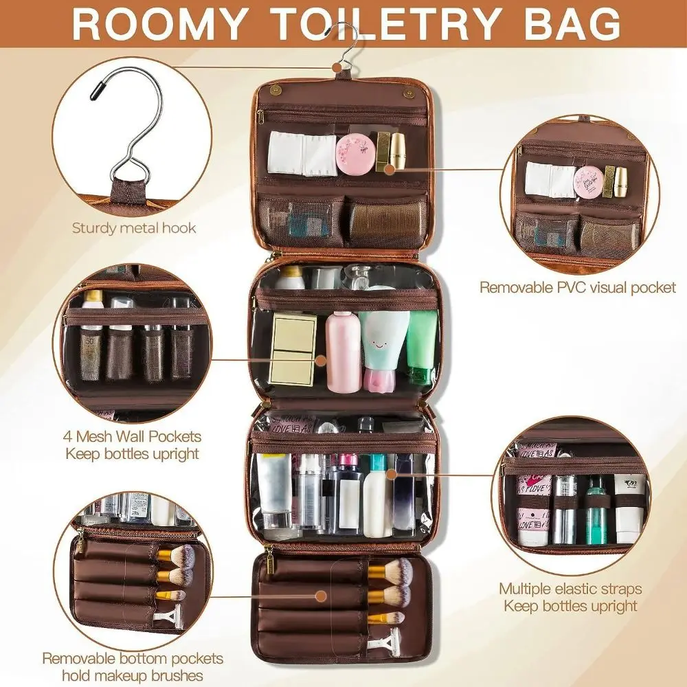 Multi-Pocket Makeup Bag Large Size PU Leather Hanging Toiletry Bag Waterproof Design Shaving Bag Business Trip