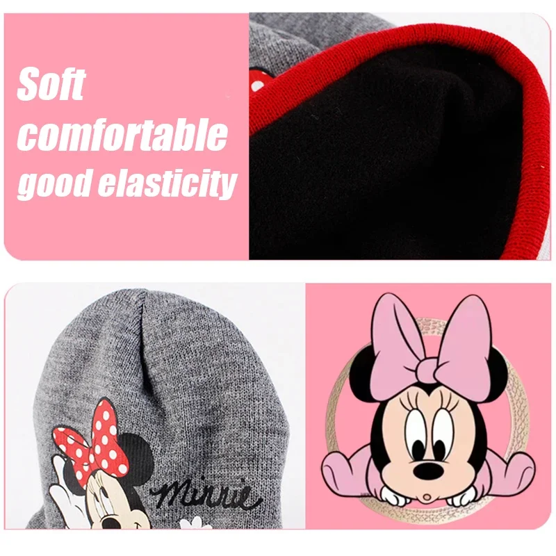 Disney Minnie Mouse Knitted Hat Gloves Set Cartoon Sweet Kids Beanie Cap Girl Skullies Hat Girl Outdoor Winter Warm Accessories