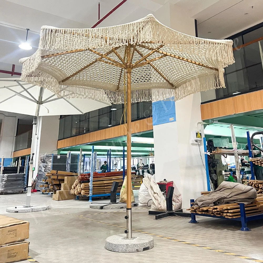 Design Handmade Cotton Tassels Custom Rope Parasol Beach Heavy Duty Hollow-out Folding Patio Outdoor Restaurant Sunshade