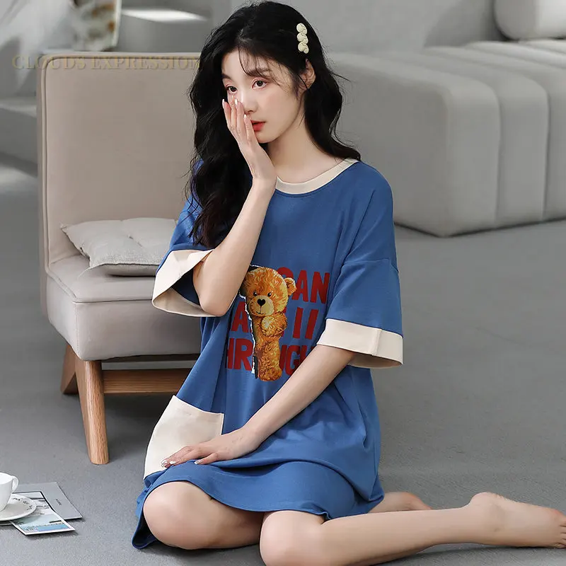 Summer Cartoon Printing Knitted Kawaii Girls Sleep Dress Womens Nightgowns Nighttie Pink Sleepshirts Ladies Dresses Home Fashion