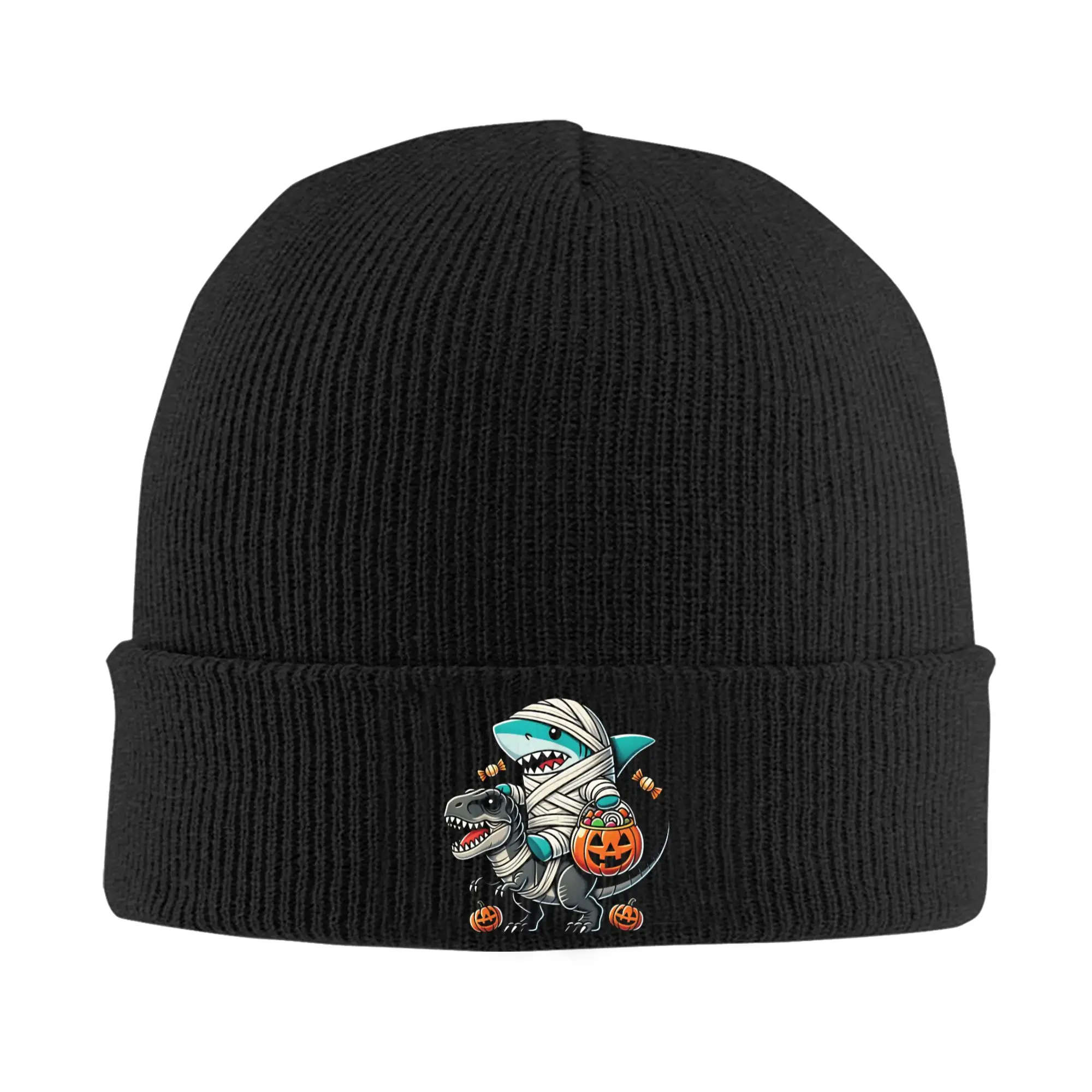 Shark Riding Dinosaur T rex Funny Halloween Pumpkin Bonnet Hats  Beanie Hats Spring Skullies Beanies Hip Hop Kpop Warm Soft Cap