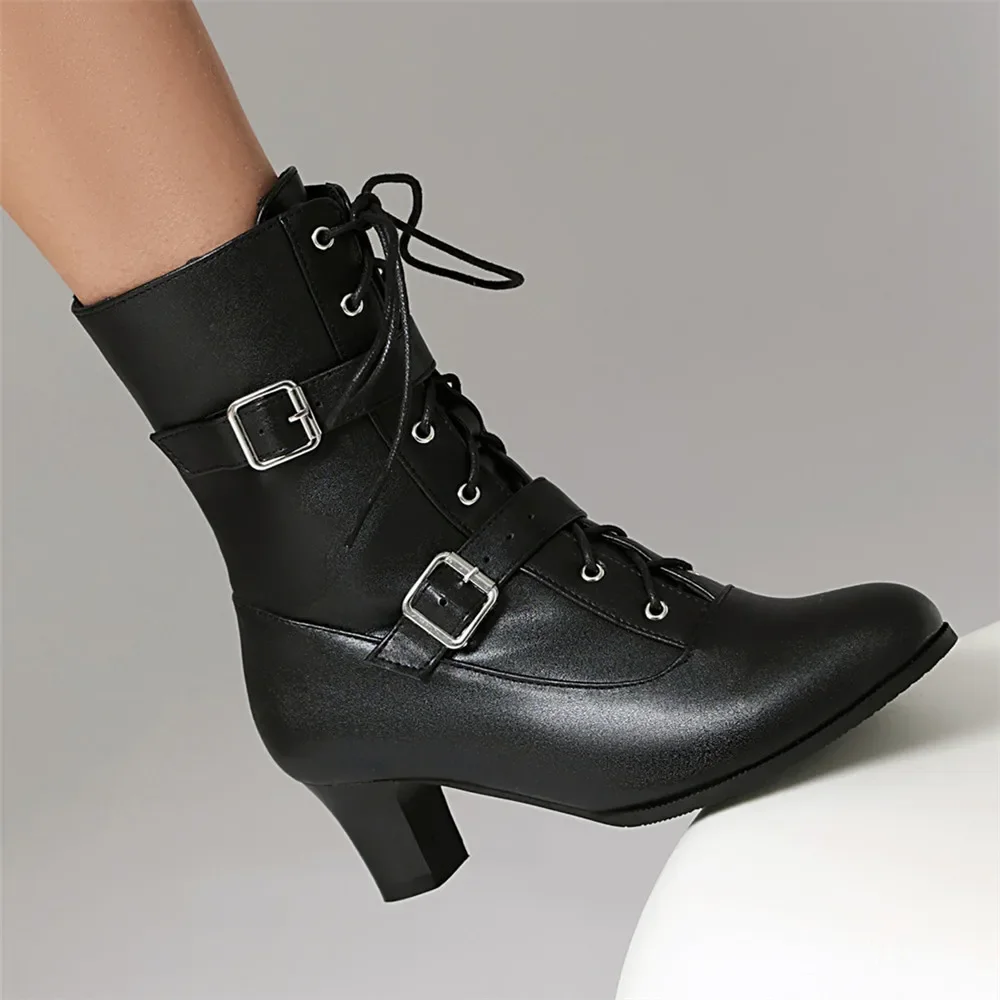 

Women Victorian Ankle Boots British Style Booties Thick Heel Booties Fashion Lace Up Buckle Ladies High Heels Female Shoes