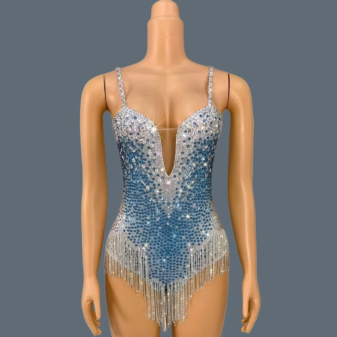 Sparkly Rhinestone Sleeveless Deep V Spandex Bodysuit Nightclub Showgirl Dance Show Crystals Tassel Skinny Bodysuit Bingqilin