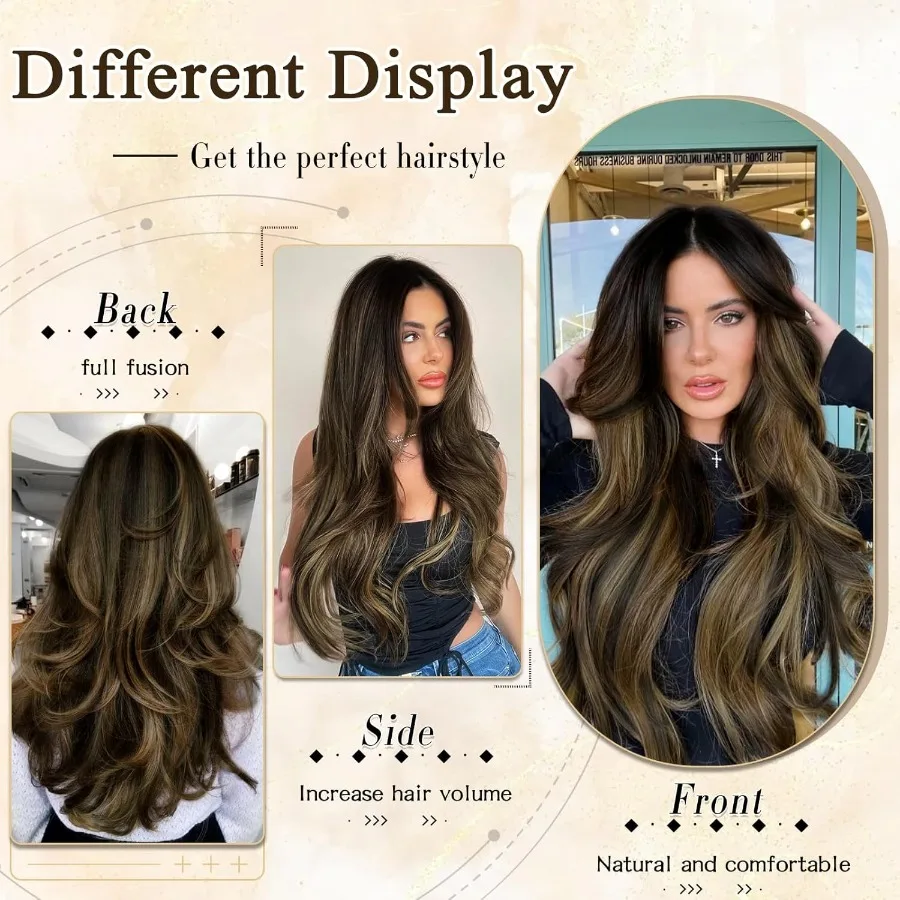 وصلات شعر متموجة مستقيمة للنساء 4 قطع من قطع الشعر الاصطناعية للاستخدام اليومي لون بني بطول 20 بوصة مثالية لـ Eve