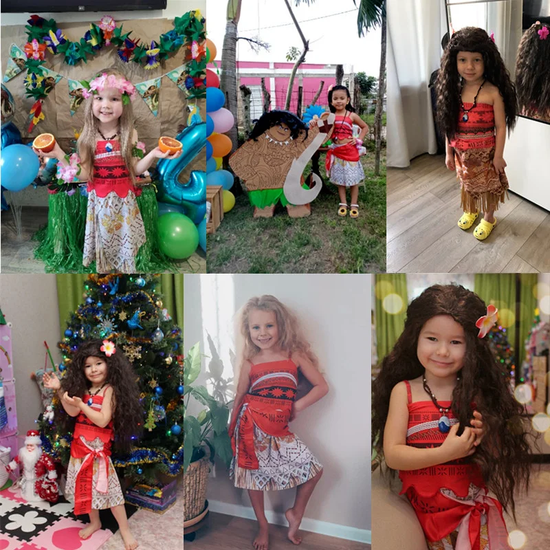 Girls Moana Cosplay Costume for Kids Vaiana Princess Dress + Necklace Halloween Costumes Baby Children Birthday Party Clothes