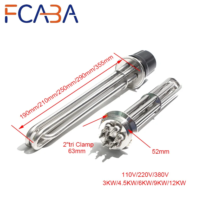 FCABA 63mm Triangle Flange Heater 304SUS 220/380V Immersion Water Heating Element 3/4.5/6/9/12KW for Water boiler/hot water tank