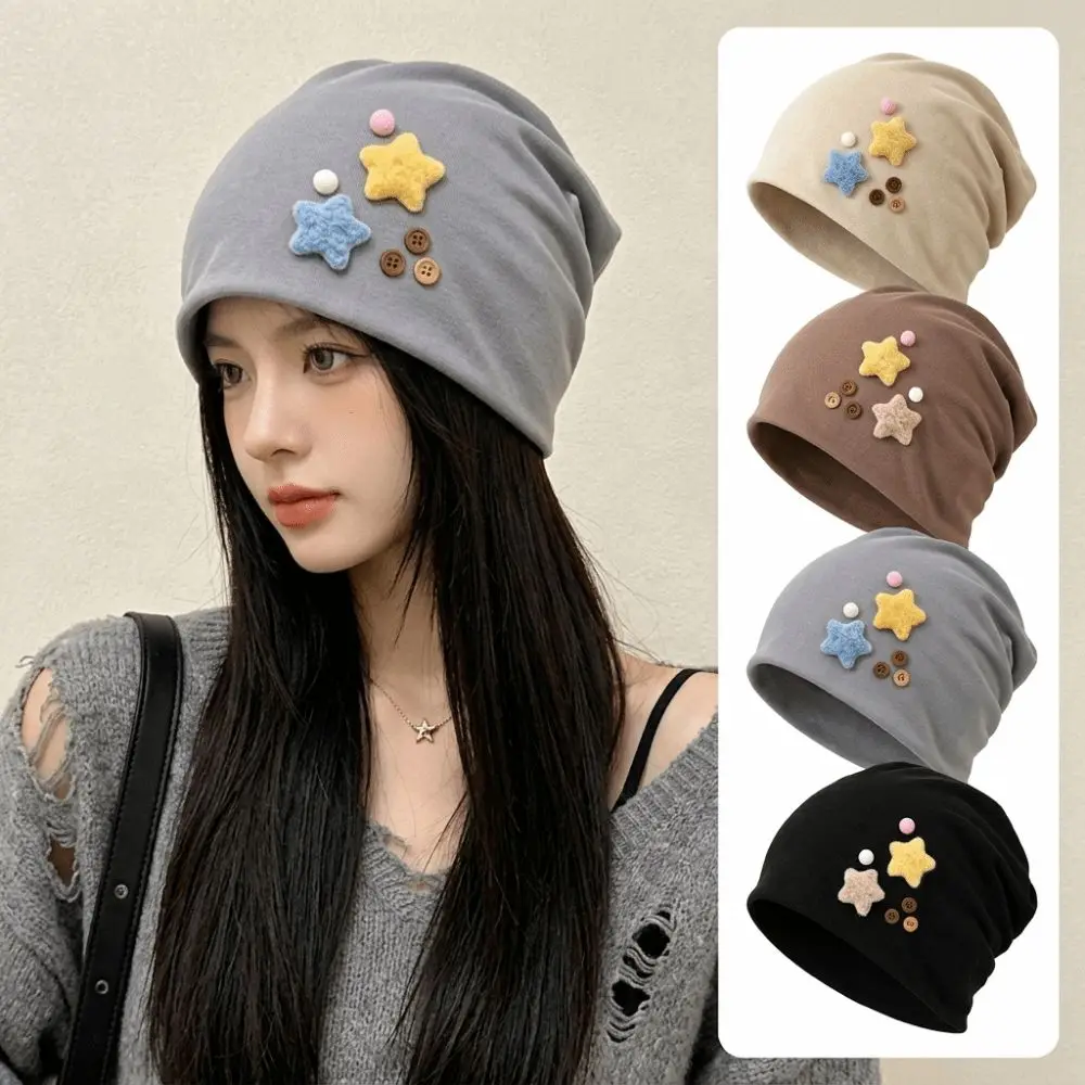 New Japanese Style Women's Beanie Windproof Skull Cap Star Detail Face-Flattering Fit Pull-On Hat Cold Weather
