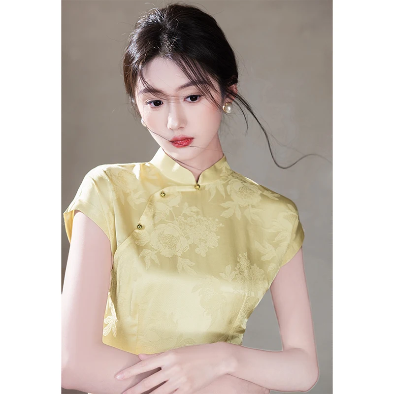 

Ele Young Sle Duling Yellow Simple Chic Daily Dr Цветочная вышивка ort Sve Длинное Ципао с низким разрезом