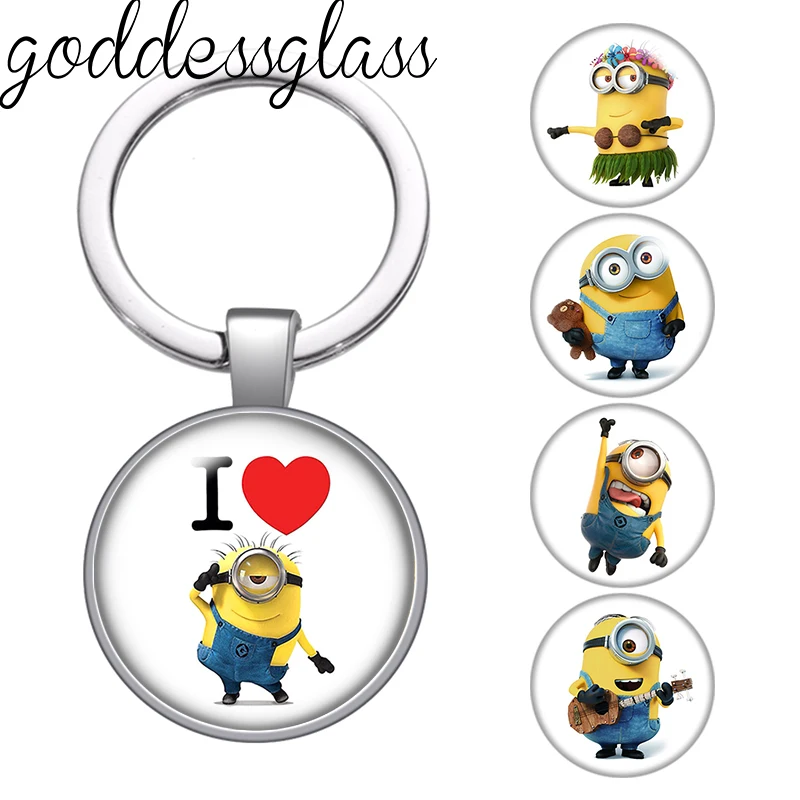 MINISO Cute Minions Funny Stuart Kevin Bob photo glass cabochon keychain Bag Car key chain Ring Holder Charms keychains earrings