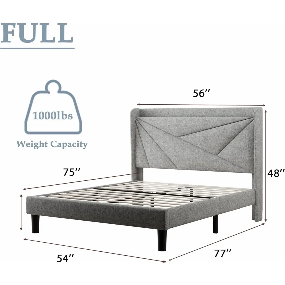 Upholstery with Type-C and USB Ports, Headboard with Wingback Storage, Noiseless, No Springs, Light Grey