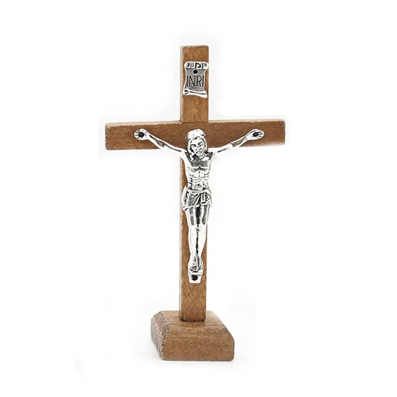 1Pc Wooden Catholic Jesus Cross with Stand Vintage Religious Christian Standing Crucifix Church Home Shelf Tabletop Ornaments