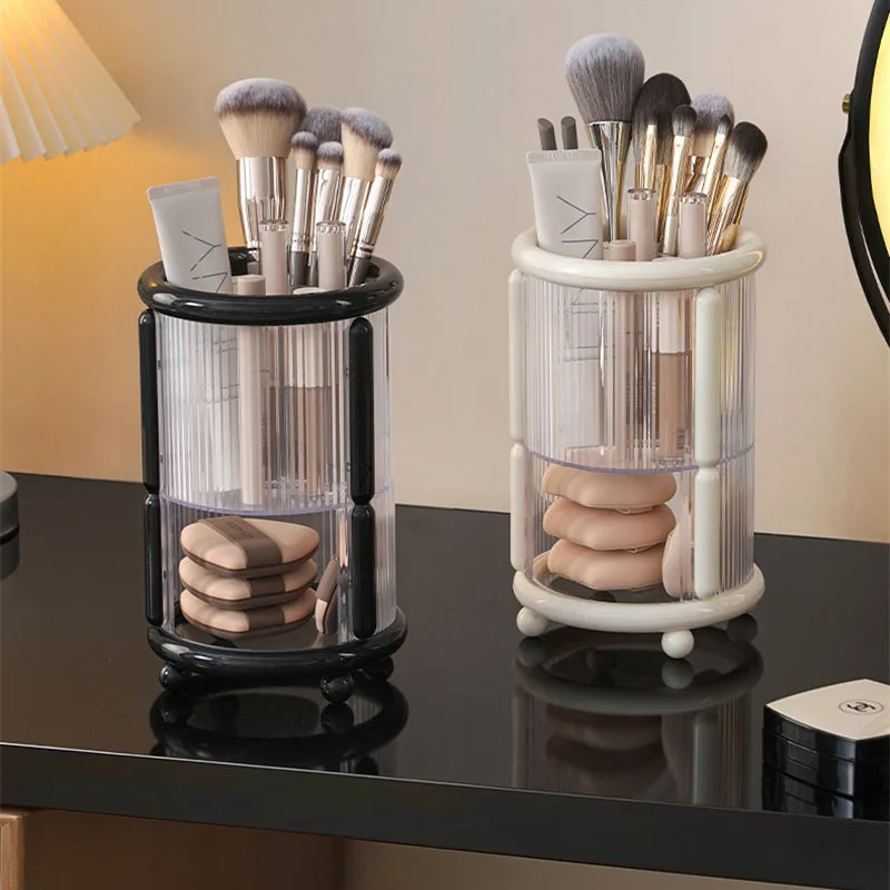 2 Tier Clear Cosmetic Brushes Tools Organizer Desktop Round Makeup Brushes and Sponge Puff Storage Box for Vanity Countertop