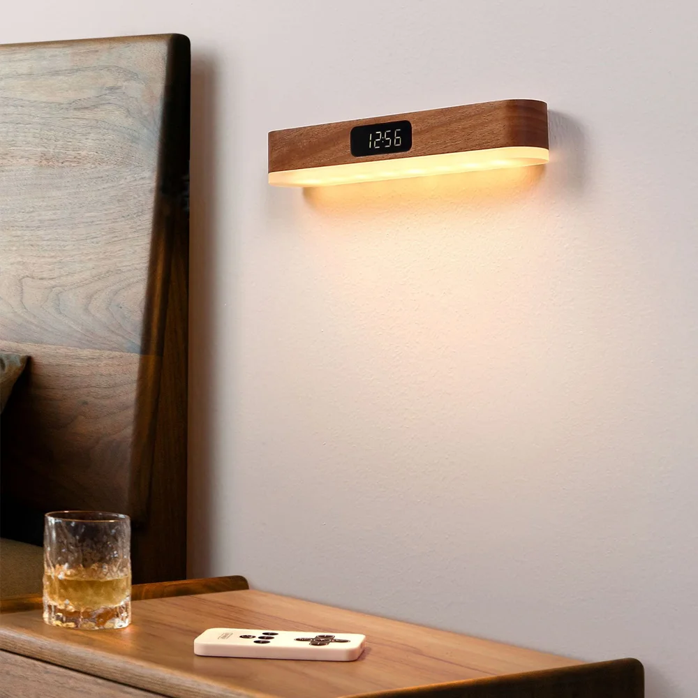 Minimalist solid wood rustic wall lamp Electronic clock light Remote control night light bedside magnetic wall light