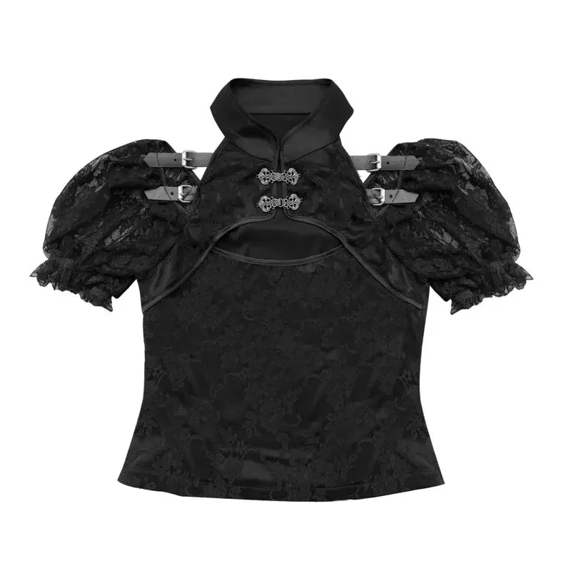 Chinese Design Black Lace Short Bubble Sleeve Blouse Shirt Hollow Out Retro Party Gothic Sexy Sweet Girl Tuxedo Top Blusa