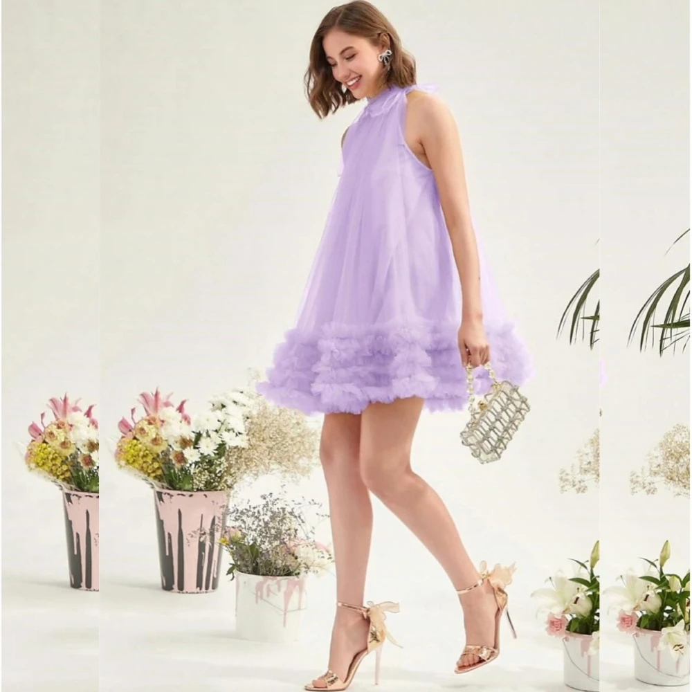 Customized Tulle Ribbon Clubbing Straight  Halter Bespoke Occasion Gown   Short Dresses