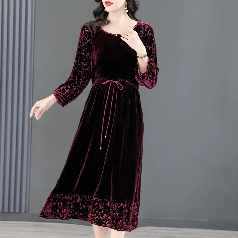 Robe longue en velours à col en V pour femmes, pull vintage pour dames, robe de soirée, mode coréenne, grande taille, haute qualité, printemps