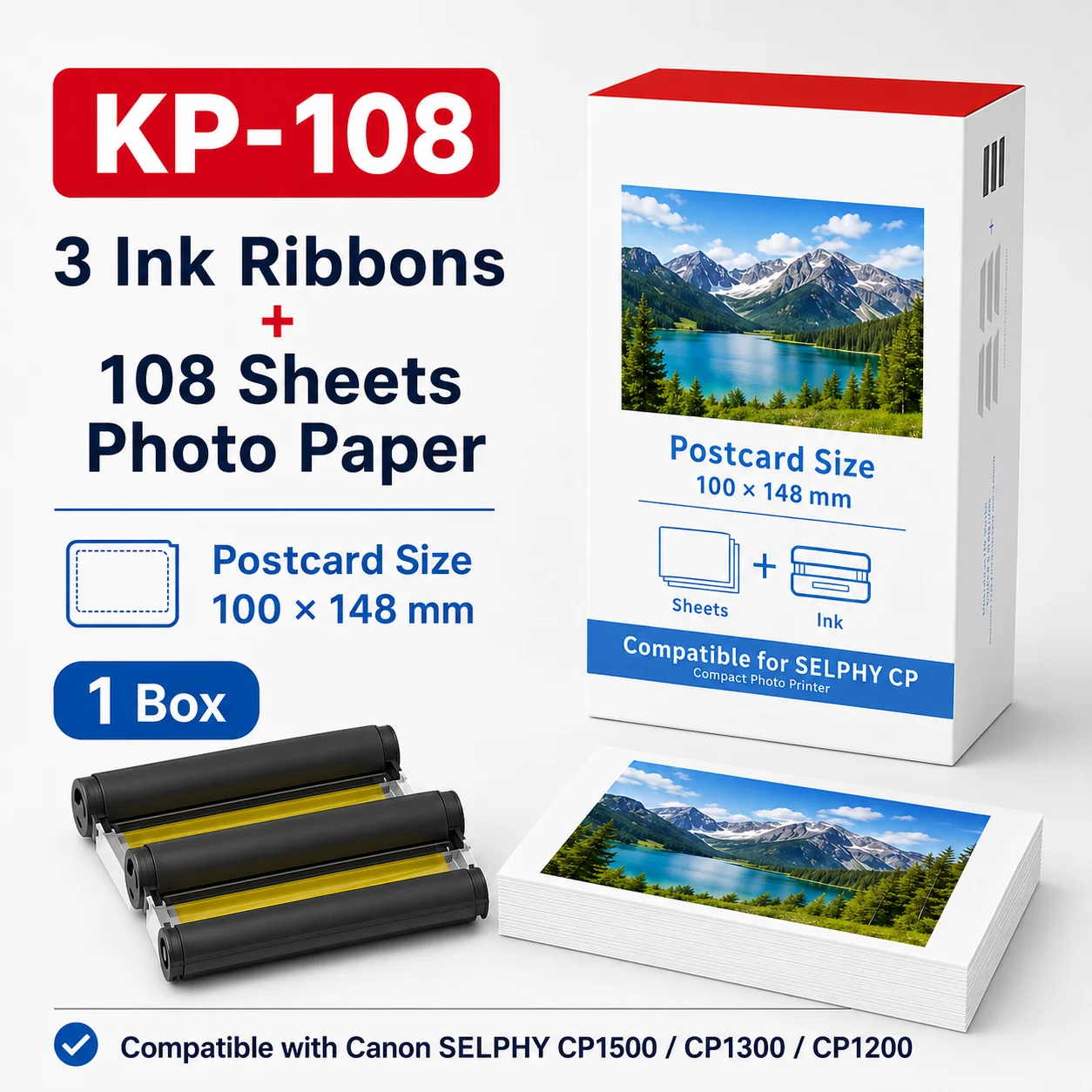 KP-108 Ink Paper Set Compatible for Canon Selphy CP1500 CP1300 CP1200 CP1000 Photo Printer, 4x6 100x148mm 3Ink 108 Sheets