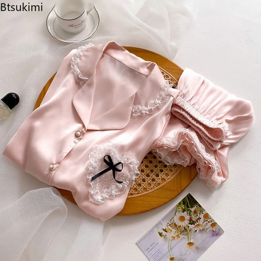 2026 Women Sexy Nightwear Sweet Korean Pink Short-Sleeved Shorts Sleepwear Homewear Set Cardigan Lapel Lace Edge Ladies Pajamas