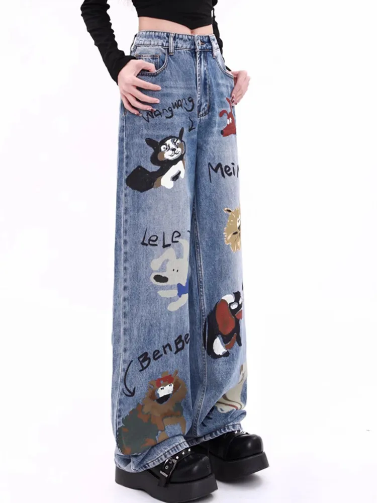 Jeans con stampa graffiti Pantaloni dritti larghi a vita alta con design in peluche ispessito autunno e inverno da donna