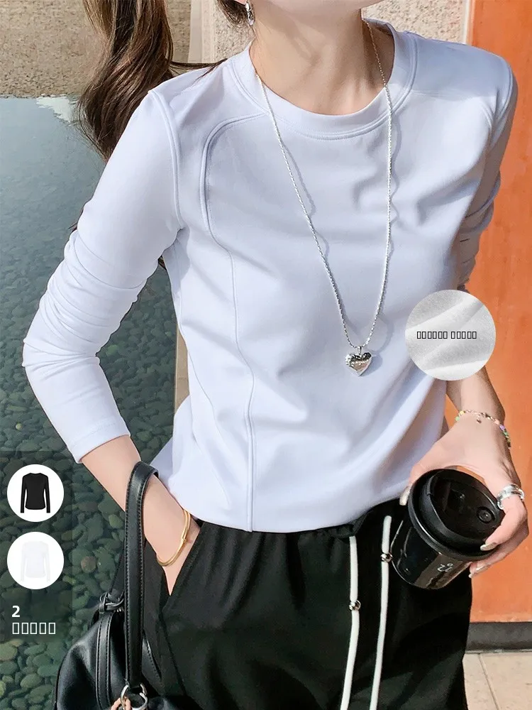 

Meiyang Long Sve T-irt Anti-Static Brued Warm round Ne Women's Casual Loose Fit Classic Pattern Spring Thiened