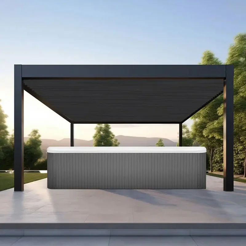 Aluminium Louvered Pergola with Sliding Glass Outdoor Structures Balcony Powder Coated Frame Pressure Treated Wood