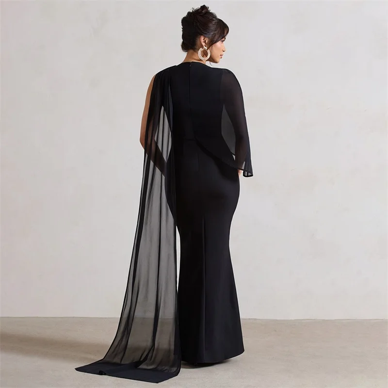 Black Cape Prom Dress With Wrap Sexy Sleeveless Mermaid Long Party Gown Formal Red Carpet Robe Birthday Skirt