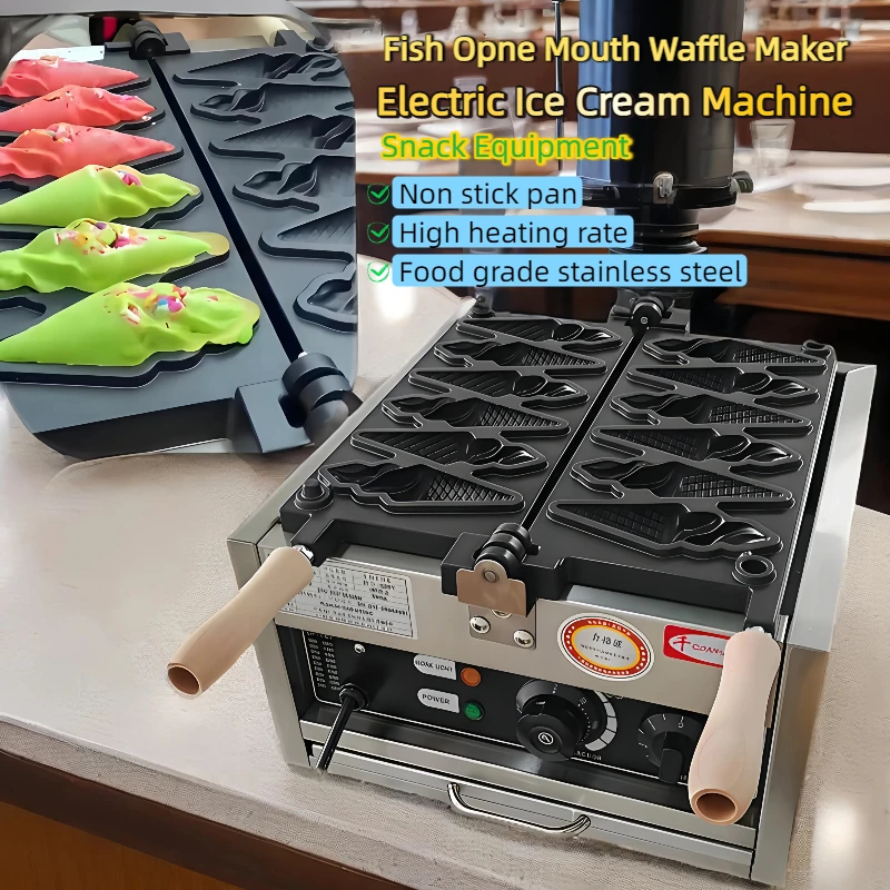 Máquina para hacer gofres con boca de Opne de pescado, helado eléctrico comercial, máquina para hacer gofres Taiyaki, equipo de aperitivos Popular de acero inoxidable